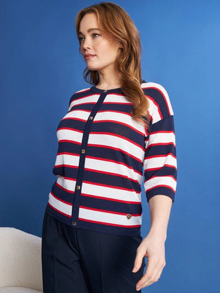 FINTO CARDIGAN IN FILATO A RIGHE CON BORCHIE CURVY